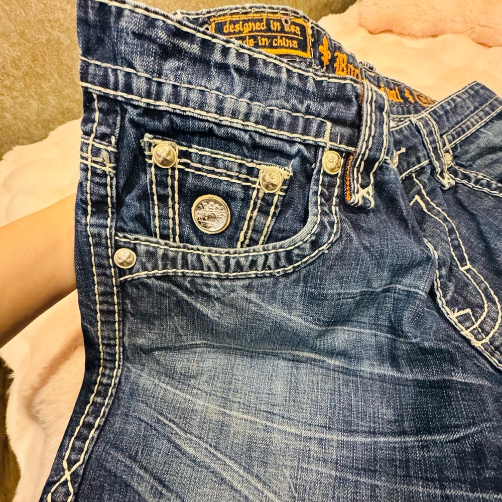 Rock Revival Men's Bootcut Jeans - Dark Blue Denim with Orange Logo - Picture 3 of 8